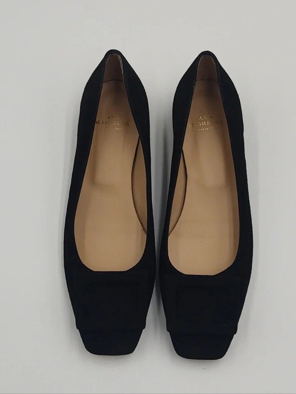 ANN MASHBURN Buckle Heel Black Suede size 38 US 9.5 small heel flats